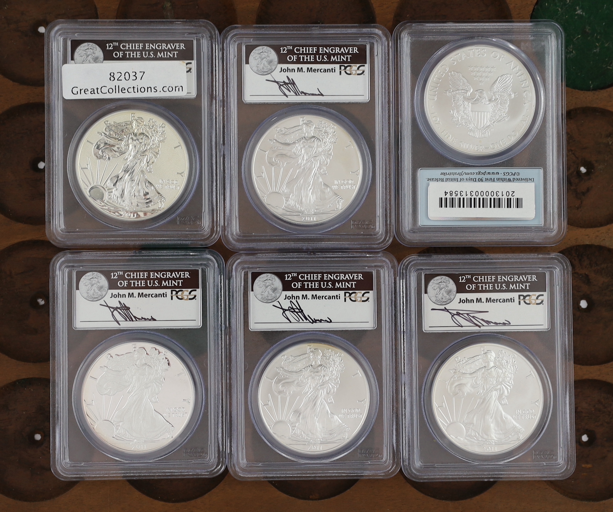 US coins, five first strike silver eagle $1, (2011, two 2011-W, 2011-P, 2011-S) a 2013 silver eagle dollar, all PCGS sealed and graded MS70 or PR70 (6)